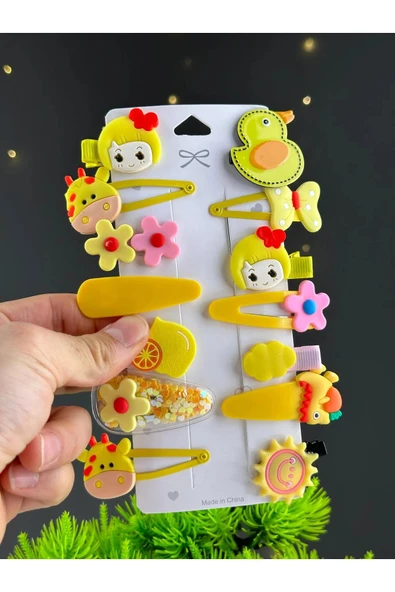 Sarı Hayvan Tema  13 Lü Set Çocuk Saç Tokası Seti Çoklu Figürlü Toka Set - 3