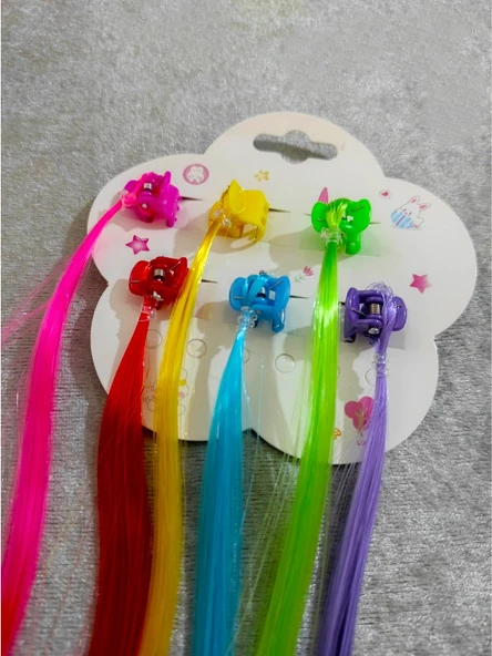 6 Lı Mandal Tokalı Rainbow Renkli Saç Tüyü Takma Postiş Saç Mandal - 2