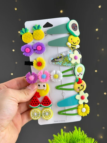 Yeşil Meyve Tema  14 Lü Set Çocuk Saç Tokası Seti Çoklu Figürlü Toka Set - 3