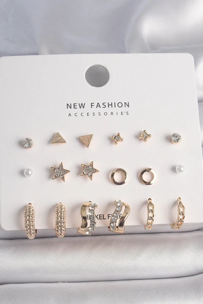 MuI MuI Pirinç Gold Renk Zirkon Taşlı 9 Çift Kadın Küpe Seti ürün görseli 1