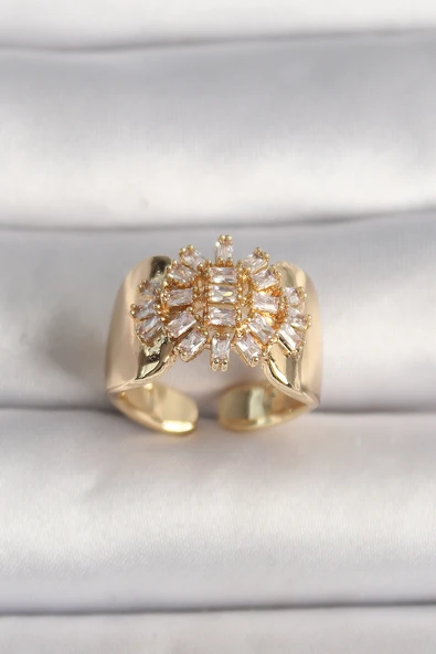 Pirinç Gold Renk Ayarlanabilir Baget Zirkon Taş Kadın Yüzük - TJ-BYK3598