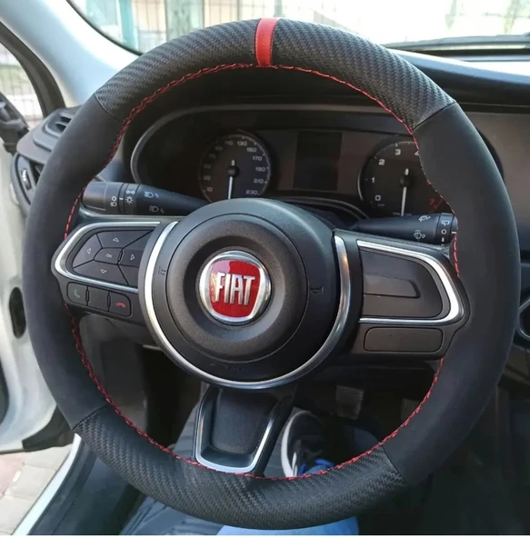 DİKİŞLİ DİREKSİYON KILIFI KARBON NUBUK DERİ KIRMIZI YÜZÜK KIRMIZI DİKİŞLİ EGEA İÇİN ürün görseli