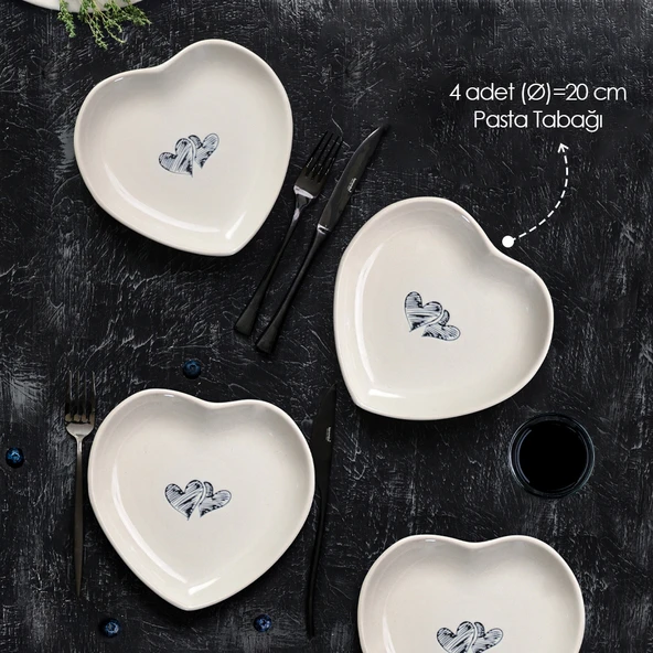Keramika Amour Kalp Pasta Tabağı 4 Adet 20 cm 22870 - 2