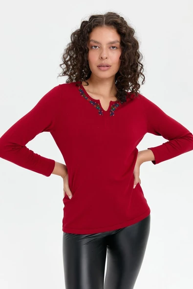 Desen Minimalist V Yaka 3/4 Kol Kadın Kazak - Günlük Şıklık - 3