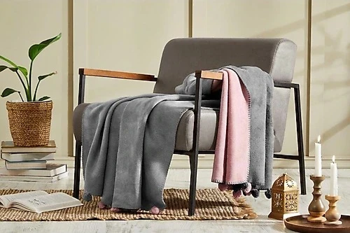 PONPONLU PAMUK BATTANİYE ÇİFT KİŞİLİK 200X220 GRİ PUDRA - Resim 2