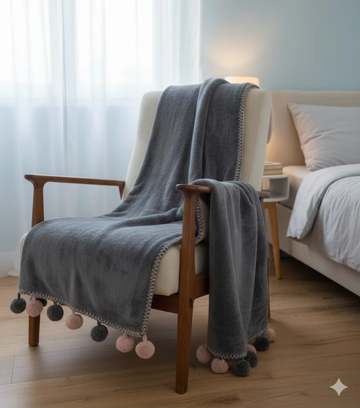 PONPONLU PAMUK BATTANİYE ÇİFT KİŞİLİK 200X220 GRİ-PUDRA ürün görseli