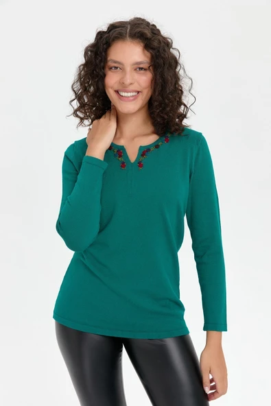 Desen Minimalist V Yaka 3/4 Kol Kadın Kazak - Günlük Şıklık - 11