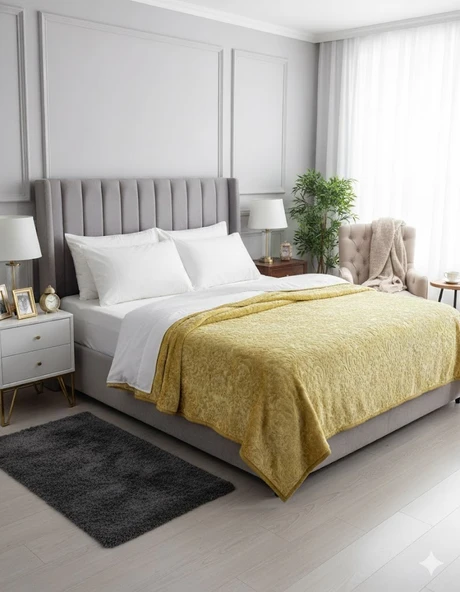 APRİCİTAS BATTANİYE ÇİFT KİŞİLİK EMBOSS HARDAL - Resim 2