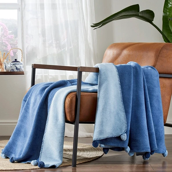 PONPONLU PAMUK BATTANİYE ÇİFT KİŞİLİK 200X220 LACİVERT MAVİ - 1
