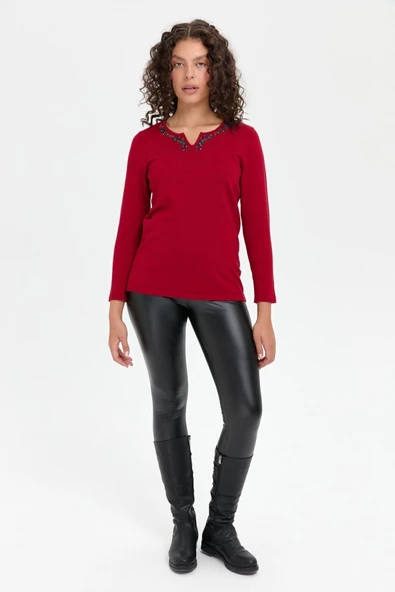 Desen Minimalist V Yaka 3/4 Kol Kadın Kazak - Günlük Şıklık