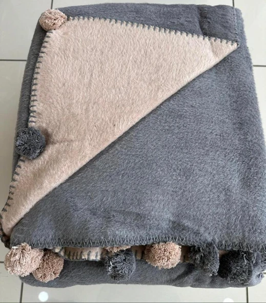 PONPONLU PAMUK BATTANİYE ÇİFT KİŞİLİK 200X220 GRİ-PUDRA - Resim 2
