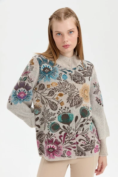 Desen Kadın Oversize Midi Kaban - Çiçek Desenli, Boğazlı, Uzun Kol