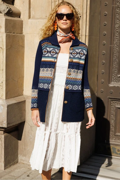 Desen Kadın Midi Oversize Desenli Kaban - Vintage Tarz