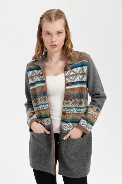 Desen Kadın Midi Oversize Desenli Kaban - Vintage Tarz - 4