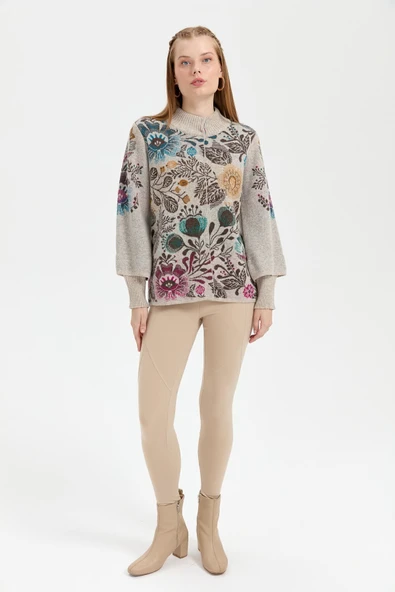 Desen Kadın Oversize Midi Kaban - Çiçek Desenli, Boğazlı, Uzun Kol - 3