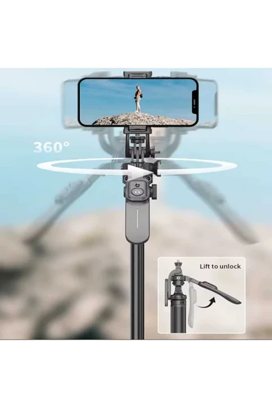 ASFAL 205 cm Profesyonel Selfie Çubuğu Bluetooth Kumandalı Taşınabilir 360 Derece  Dönen Sağlam Tripod - Resim 3