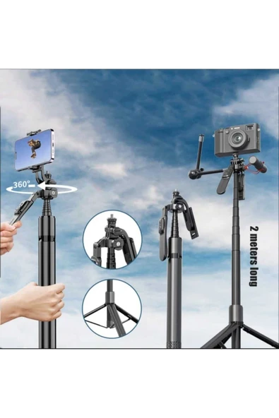 ASFAL 205 cm Profesyonel Selfie Çubuğu Bluetooth Kumandalı Taşınabilir 360 Derece  Dönen Sağlam Tripod - Resim 2