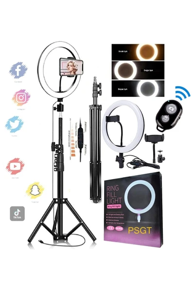 PSGT Kumandalı Youtuber Tiktok Selfi Işıklı Telefon Tutucu Makyaj Işığı Ring Light 10 Inç 2.1 M Tripod