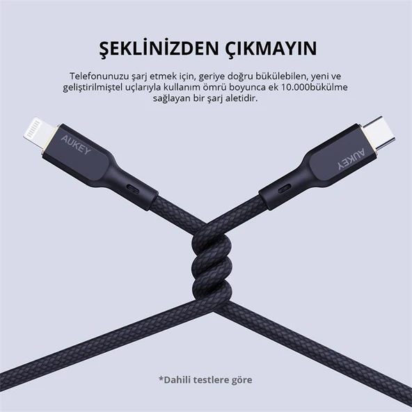 AUKEY CB-NCL1-BK NAYLON ÖRGÜLÜ 3A 480MBPS TYPE-C LIGHTNING KABLOSU 1.8MT - 3