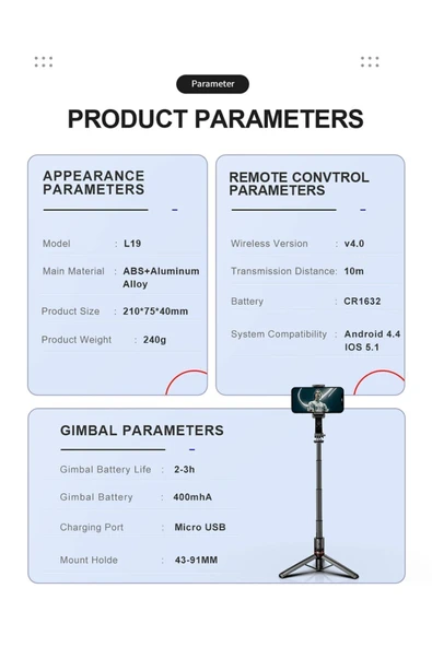 ASFAL 70 Cm Bluetooth Kumandalı Gimbal, Telefon Sabitleyici Selfie Çubuğu, Katlanabilir Taşınabilir Tripod - Resim 2