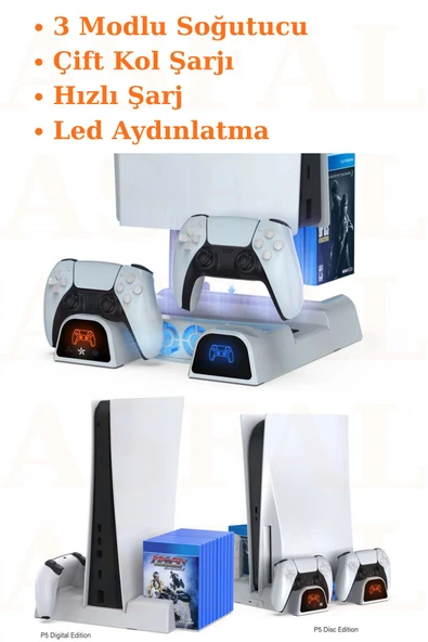 ASFAL PS5 Led Işıklı Organizer Soğutma Standı Kol Şarj İstasyonu Stand Dock 11 Adet Oyun Koyma Standı