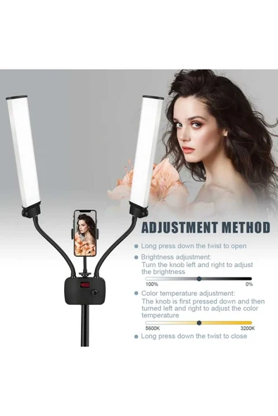 ASFAL 210 cm Tripodlu, Çift Kollu, LCD Ekranlı, Led Halka Lambası, 3200-5600K Kuaför Güzellik Salonu Işığı - Resim 8