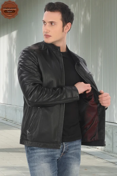 Erkek Hakiki Kuzu Derisi Ceket Siyah Biker Mont Kapitone Kollu Slim Fit El Yapımı Şık Deri Ceket - 2
