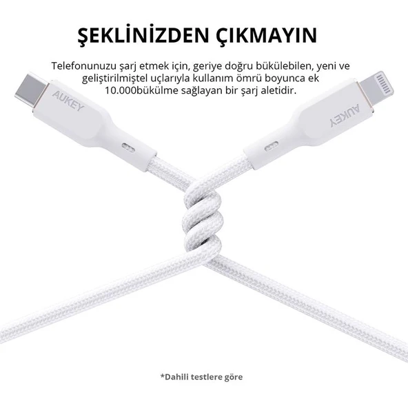 AUKEY CB-NCL1-WH NAYLON ÖRGÜLÜ 3A 480MBPS TYPE-C LIGHTNING KABLOSU 1.8MT - 2
