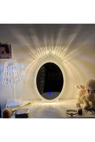 ASFAL Işıklı, Taç Makyaj Aynası Dokunmatik Şarjlı Dekor Masa Lambası Standlı Dekoratif Ayna Make up Mirror - 2