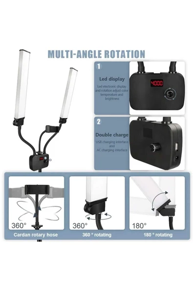 ASFAL 210 cm Tripodlu, Çift Kollu, LCD Ekranlı, Led Halka Lambası, 3200-5600K Kuaför Güzellik Salonu Işığı - Resim 7