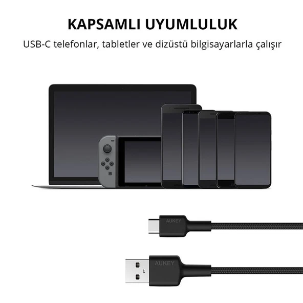 AUKEY CB-CD30-BK NAYLON ÖRGÜLÜ USB-A TYPE-C SARJ KABLOSU 0.9M - 2