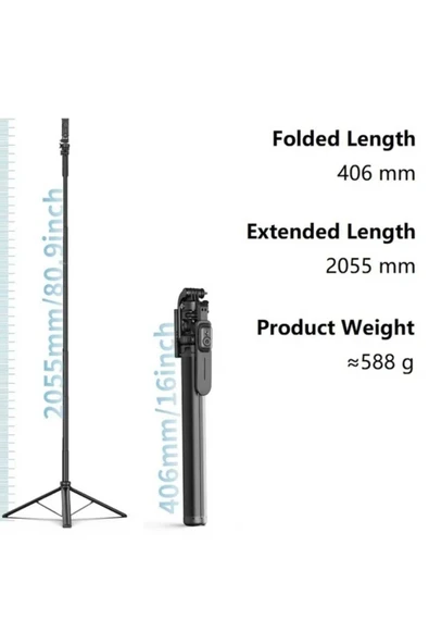 ASFAL 205 cm Profesyonel Selfie Çubuğu Bluetooth Kumandalı Taşınabilir 360 Derece  Dönen Sağlam Tripod - Resim 4