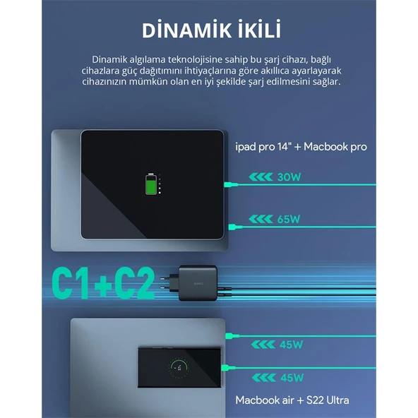 AUKEY PA-B7S-BK 100W DÖRT BAGLANTI NOKTALI PD GAN DUVAR SARJ CIHAZI - 3