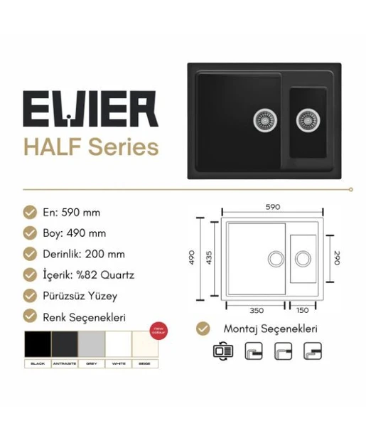 Granit Evye HALF Series Grey (GRİ) (59x49) - Resim 4