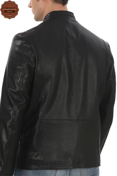 Erkek Hakiki Derimont Siyah Kuzu Derisi Ceket Fermuarlı Cepli El Yapımı Motorcu Tarzı Slim Fit - 6