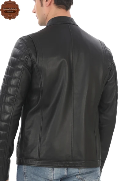 Erkek Hakiki Kuzu Derisi Ceket Siyah Biker Mont Kapitone Kollu Slim Fit El Yapımı Şık Deri Ceket - 4