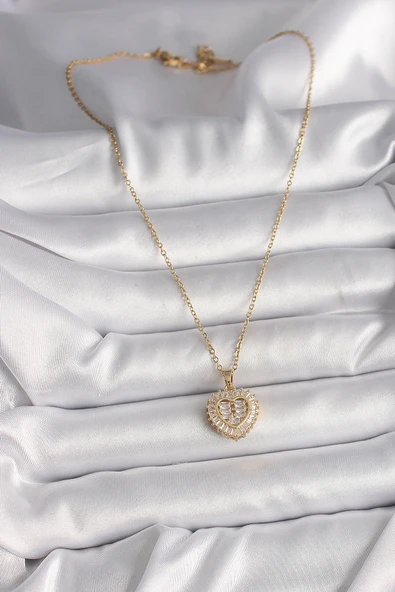 316L Çelik Gold Renk Zincir Zirkon Taşlı Kalp Model Kadın Kolye - TJ-BKO9786 - 2