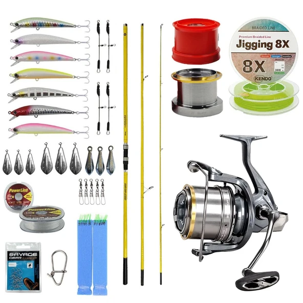 YekOutdoor Yüksek Performans Olta Seti Okuma Makaira Surf 4,30 cm 100-250 gr 3 Parça Yellow Surf Kamışı&Okuma Flite Surf FLS35-1500AY Gunsmoke 9+1BB Olta Makinesi