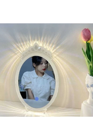 ASFAL Işıklı, Taç Makyaj Aynası Dokunmatik Şarjlı Dekor Masa Lambası Standlı Dekoratif Ayna Make up Mirror - 3