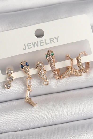 Pirinç Gold Renk Sallantı Zirkon Taşlı Yılan Model Çoklu Figür Kadın Küpe Seti - TJ-BKP10132