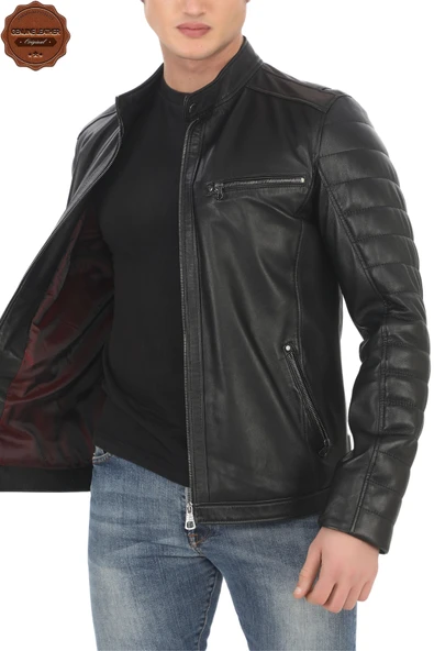 Erkek Hakiki Kuzu Derisi Ceket Siyah Biker Mont Kapitone Kollu Slim Fit El Yapımı Şık Deri Ceket - 3