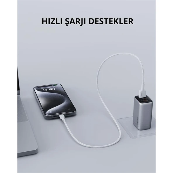 AUKEY CB-BAL7-WH NAYLON ÖRGÜLÜ USB-A LIGHTNING KABLOSU 0.9MT - 3