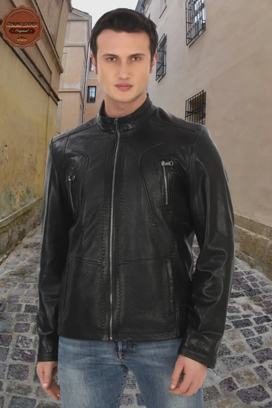 Erkek Hakiki Derimont Siyah Kuzu Derisi Ceket Fermuarlı Cepli El Yapımı Motorcu Tarzı Slim Fit - 7