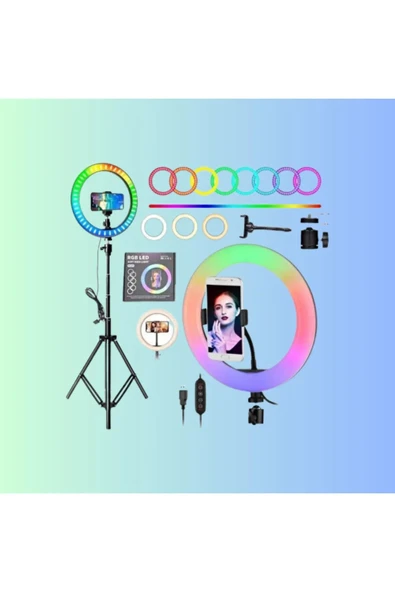 ASFAL 10 Inç 26 Cm Rgb Çok Renkli Led Make Up Selfie Işığı 210 Cm Tripot Selfie Çubuğu Tiktok Işığı