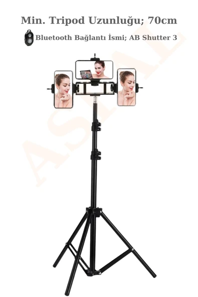 ASFAL Bluetooth Kumandalı 210 Cm Tripod 3 Adet Multi Telefon Tutuculu Selfie Çubuğu Telefon, Kamera, Lamba - 2