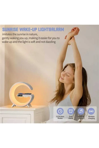 ASFAL Renkli Rgb Akıllı Led Gece Ve Masa Lambası Hoparlör, Kablosuz Şarj, Çalar Saat, Dekoratif Lamba - 6