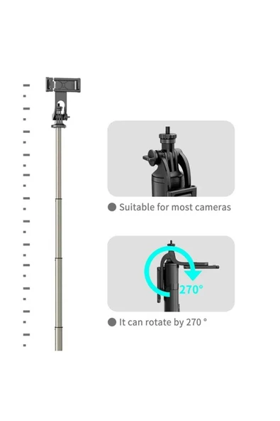 ASFAL Bluetooth Uyumlu Kumandalı Taşınabilir  Selfie Çubuğu Katlanabilir 156 cm Tripod - 7