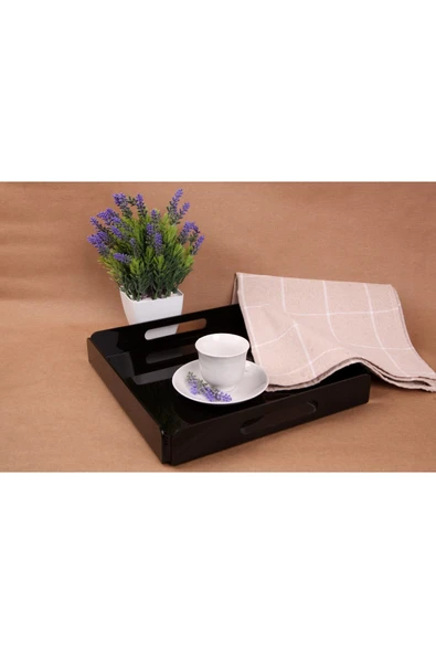 ASFAL Tutma Saplı Siyah Pleksi Tepsi 25x25 Cm Servis, Kahve, Çay, Sunum Ve Hediyelik Tepsi 3mm - 2