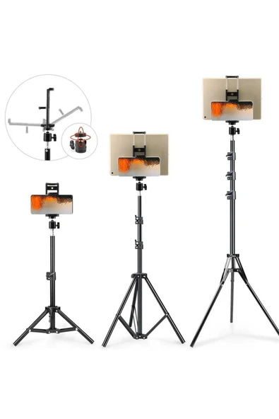 ASFAL 360 Derece Döner Başlıklı Tablet Ve Telefon Tutucu Stand 210 Cm Tripod 2 In 1 Metal Ayaklı Stand