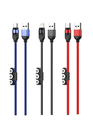 ASFAL 3 In1 Micro Usb/type-c/lightning Ledli Mıknatıslı Manyetik Şarj Kablosu Kırmızı